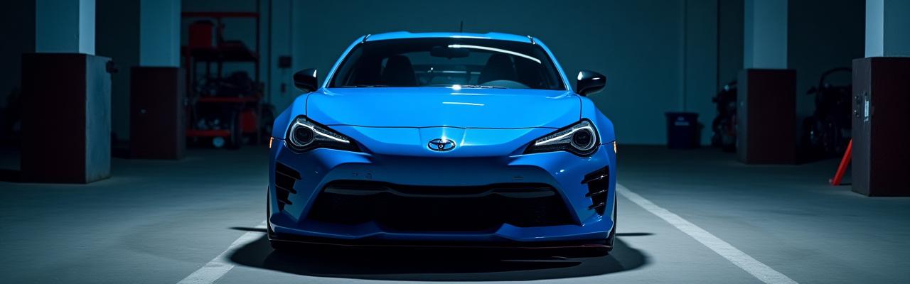 青いトヨタGR86、カスタマイズされたエキゾーストシステムとECUチューニングが施され、夜のワークショップでスポットライトを浴びる