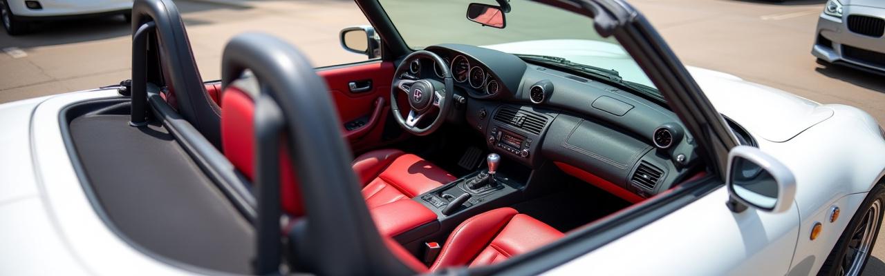 日中の屋外で駐車場に駐車された白いホンダS2000、カスタムインテリアとエンジン細部をクローズアップ